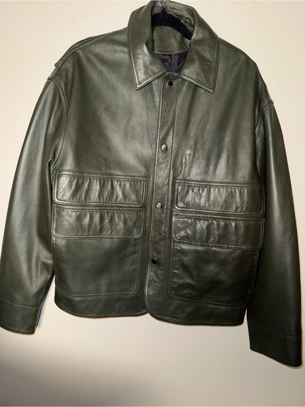 Zara Dark Olive Green Genuine Leather Military Field Jacket